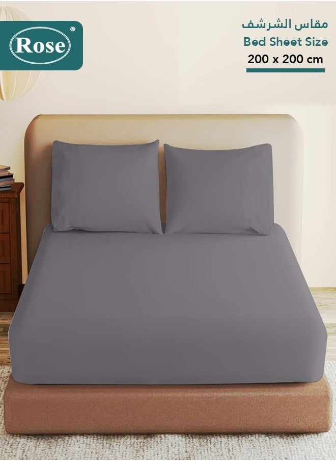 Rose Rose Luxurious Plain Fitted Sheet with Deep Pockets and Pillow Cases, Bed Sheet 3-Pieces Set, Soft & Cozy Microfiber Breathable and Cooling, King Size 200x200+38 cm, Grey  - Image 1