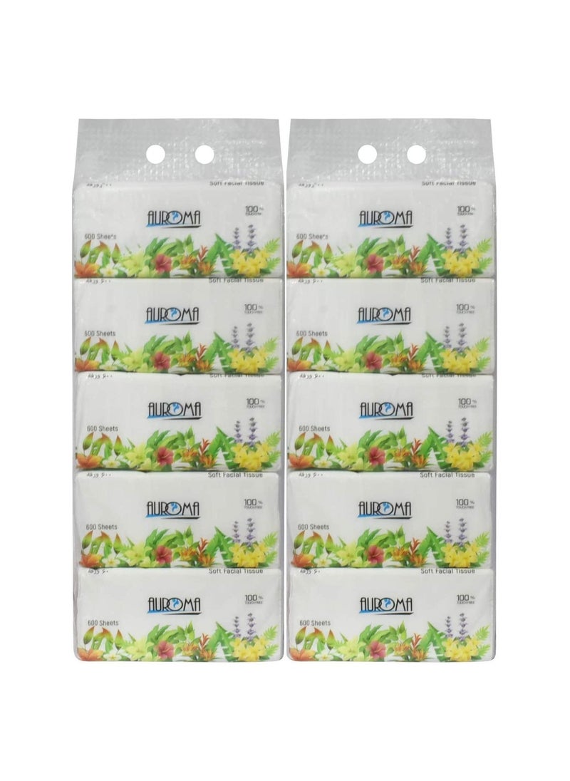 AUROMA Soft Facial Tissue 600 Sheets Soft Fluffy Tissue 2 ply  with 600 Each with Packing - Pack Of 10  - Image 1