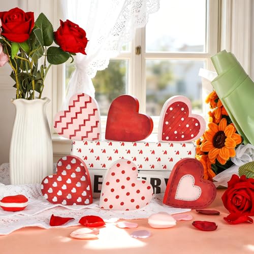 Sealmic 6 Pcs Valentine's Day Wooden Heart Table Signs Red Wood Table Centerpiece Block Valentine Decorations Indoor Vintage Tiered Tray Decor for Home Office Desk Shelf Mantel Love Wedding Anniversary Party - Image 5