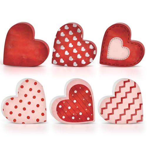Sealmic 6 Pcs Valentine's Day Wooden Heart Table Signs Red Wood Table Centerpiece Block Valentine Decorations Indoor Vintage Tiered Tray Decor for Home Office Desk Shelf Mantel Love Wedding Anniversary Party - Image 1