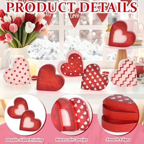 Sealmic 6 Pcs Valentine's Day Wooden Heart Table Signs Red Wood Table Centerpiece Block Valentine Decorations Indoor Vintage Tiered Tray Decor for Home Office Desk Shelf Mantel Love Wedding Anniversary Party - Image 3