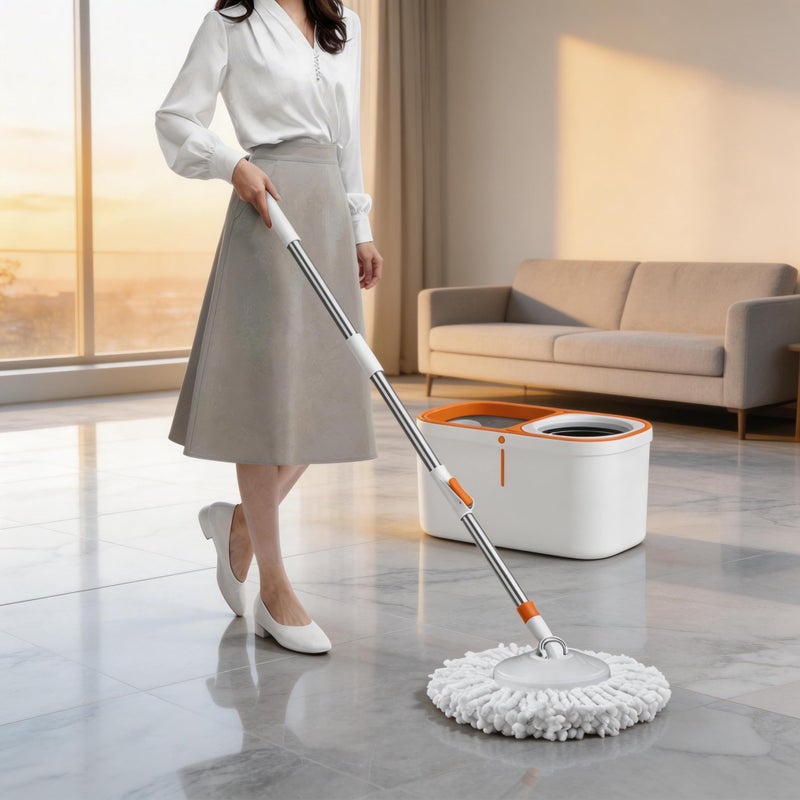 SUNKI Spin Mop Bucket with Wringer System Extended Mop Handle 61ï¼‚Mop and Bucket for Floors Cleaning with 5 Replacement Head Refill 1 Cleaning Brush Head - Image 3