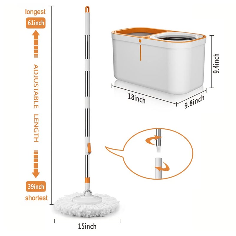 SUNKI Spin Mop Bucket with Wringer System Extended Mop Handle 61ï¼‚Mop and Bucket for Floors Cleaning with 5 Replacement Head Refill 1 Cleaning Brush Head - Image 2