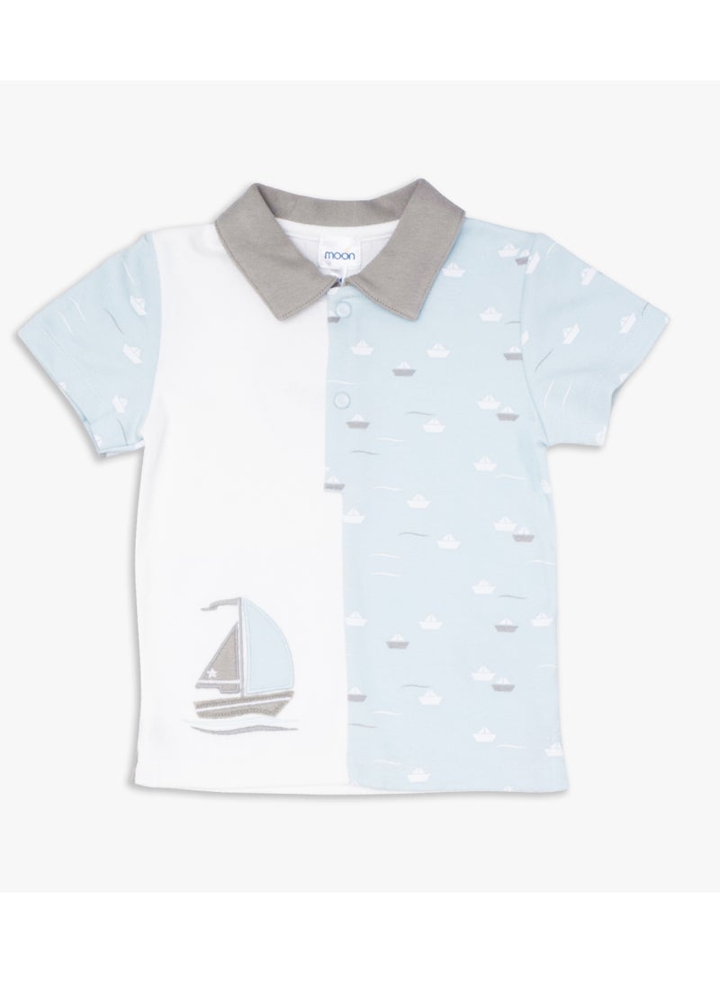 Moon قميص بولو وبنطلون طويل من MOON مصنوعان من القطن بنسبة 100%، مقاس 9-12 شهرًا، أزرق مخضر - Little Boat - Image 3