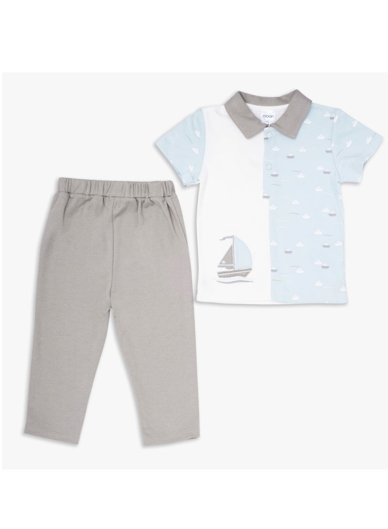 Moon قميص بولو وبنطلون طويل من MOON مصنوعان من القطن بنسبة 100%، مقاس 9-12 شهرًا، أزرق مخضر - Little Boat - Image 1