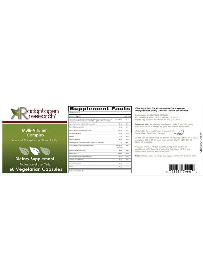 Adaptogen Research - Multi-Vitamin Complex | Once Daily Multivitamin Supplement with Folate as Metafolin L-5-MTHF B12 as Methylcobalamin Vitamin A C D3 and more| Enhanced Absorption & Bioavailability | 60 Vegetarian Caps - Image 1