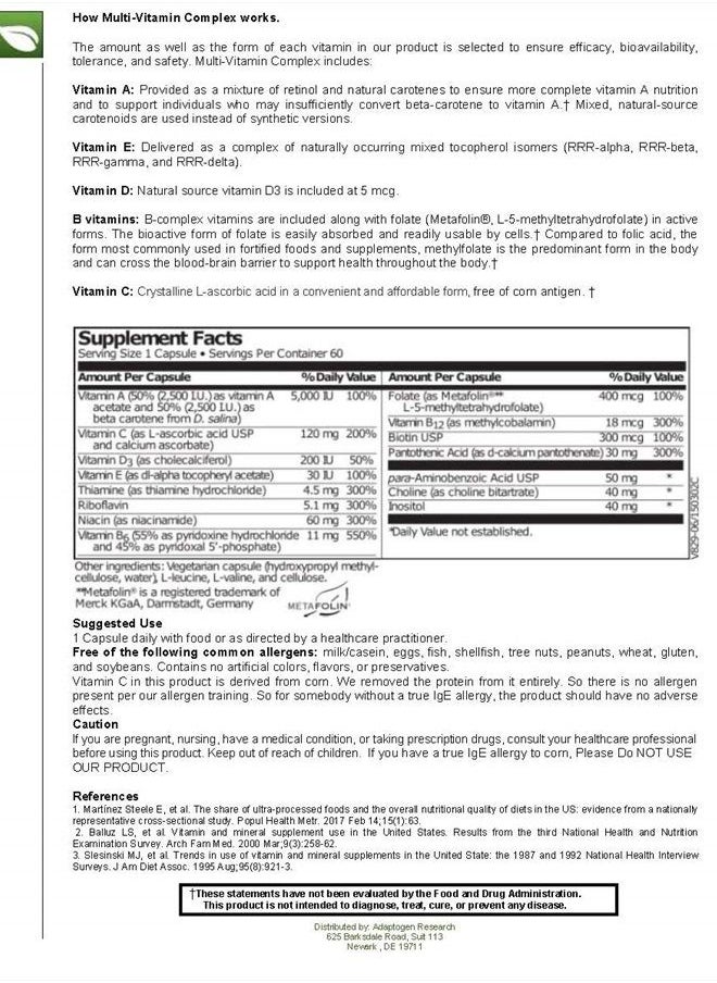 Adaptogen Research - Multi-Vitamin Complex | Once Daily Multivitamin Supplement with Folate as Metafolin L-5-MTHF B12 as Methylcobalamin Vitamin A C D3 and more| Enhanced Absorption & Bioavailability | 60 Vegetarian Caps - Image 1