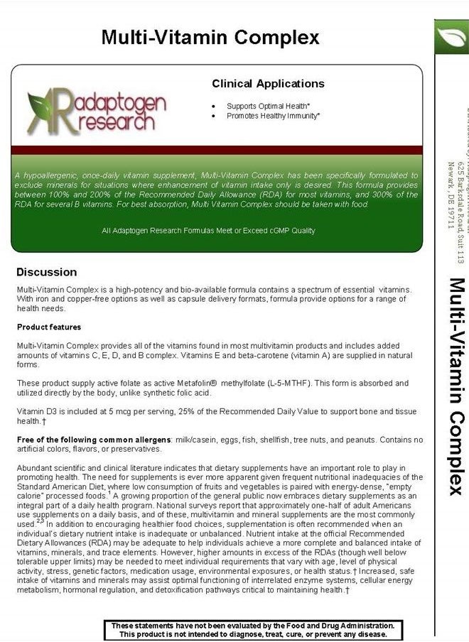 Adaptogen Research - Multi-Vitamin Complex | Once Daily Multivitamin Supplement with Folate as Metafolin L-5-MTHF B12 as Methylcobalamin Vitamin A C D3 and more| Enhanced Absorption & Bioavailability | 60 Vegetarian Caps - Image 1