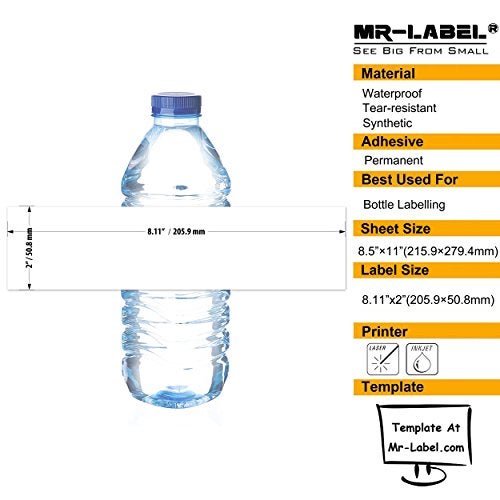 Mr-Label 8.11"×2" Waterproof Matte White Water Bottle Labels – for Inkjet/Laser Printer – Self-Adhesive Wraparound - for Wedding|Baby Shower|Corporate Event (10 Sheets Total 50 Labels) - Image 5