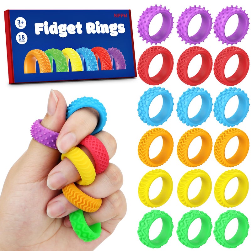 NPPN Silicone Fidget Rings for Kids 18 Pack Sensory Chew Toys for Autistic ADHD Adults 6 Textured Quiet Classroom Fidgets Bulk for Students - Image 2