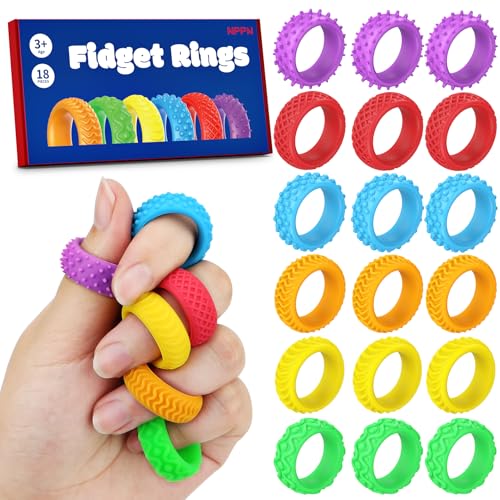 NPPN Silicone Fidget Rings for Kids 18 Pack Sensory Chew Toys for Autistic ADHD Adults 6 Textured Quiet Classroom Fidgets Bulk for Students - Image 1