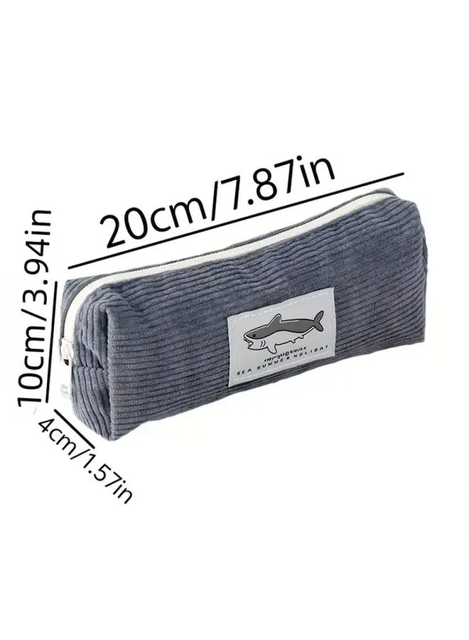 Light Grey Shark Cartoon Pencil Case Large Capacity Flannel Storage Bag For School Office Art - Image 3