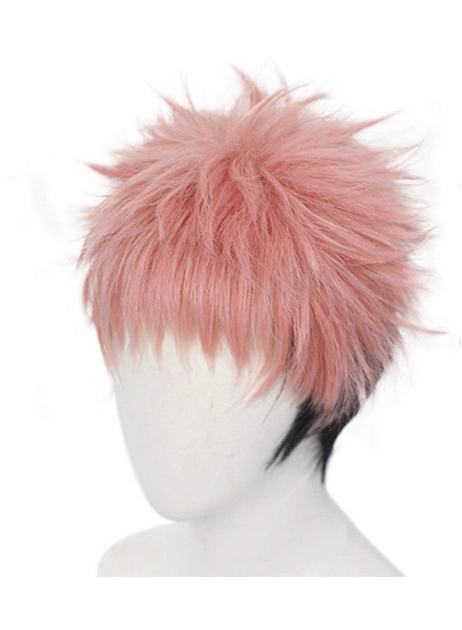 Anogol Hair Cap+ Short Wavy Wigs for Men Pink Ombre Black Cosplay Wigs with Bangs for Anime Costume Wig for Halloween Party Short Pink Spiky Wig with Black Sideburns Pink Anime Cosplay Wig - Image 3