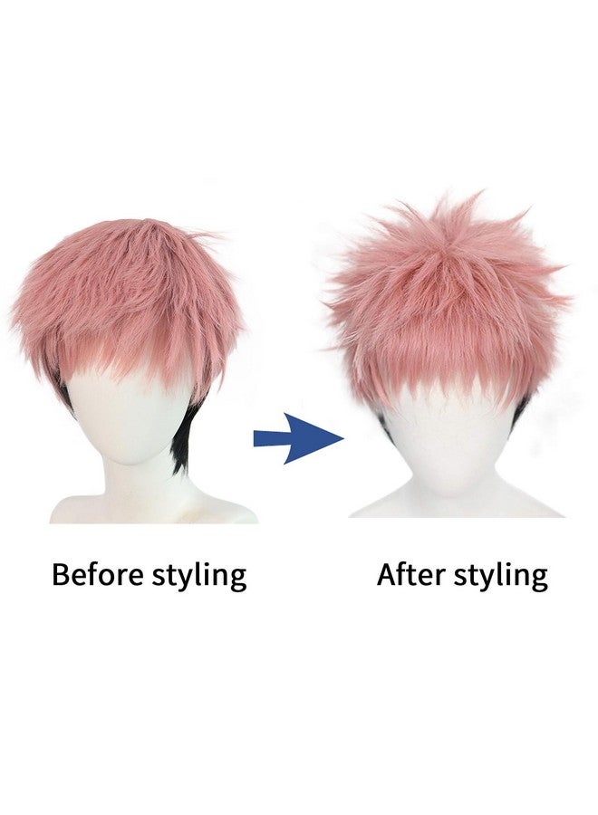 Anogol Hair Cap+ Short Wavy Wigs for Men Pink Ombre Black Cosplay Wigs with Bangs for Anime Costume Wig for Halloween Party Short Pink Spiky Wig with Black Sideburns Pink Anime Cosplay Wig - Image 5