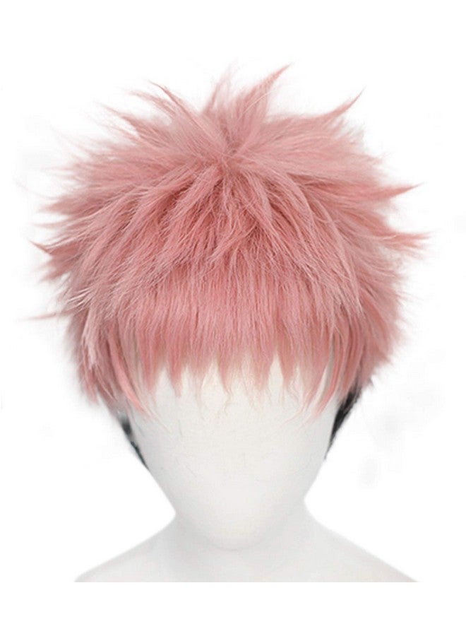 Anogol Hair Cap+ Short Wavy Wigs for Men Pink Ombre Black Cosplay Wigs with Bangs for Anime Costume Wig for Halloween Party Short Pink Spiky Wig with Black Sideburns Pink Anime Cosplay Wig - Image 2