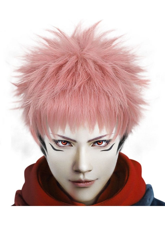 Anogol Hair Cap+ Short Wavy Wigs for Men Pink Ombre Black Cosplay Wigs with Bangs for Anime Costume Wig for Halloween Party Short Pink Spiky Wig with Black Sideburns Pink Anime Cosplay Wig - Image 1