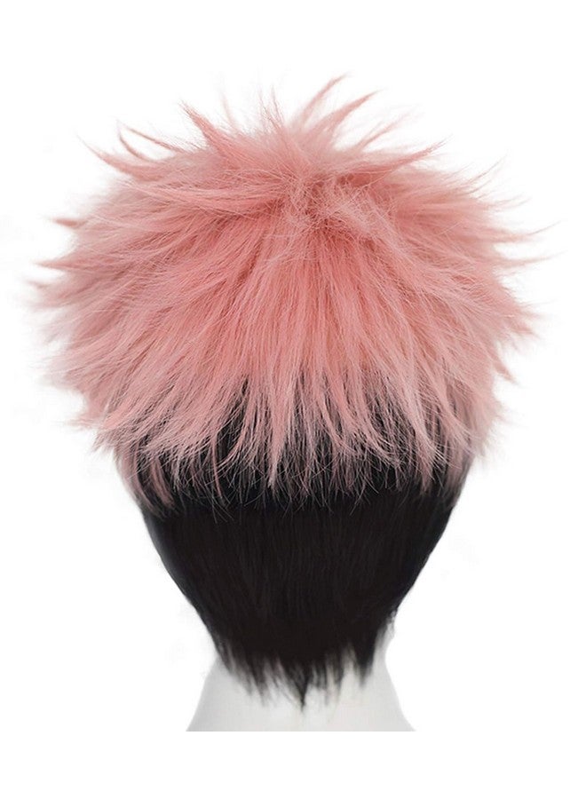 Anogol Hair Cap+ Short Wavy Wigs for Men Pink Ombre Black Cosplay Wigs with Bangs for Anime Costume Wig for Halloween Party Short Pink Spiky Wig with Black Sideburns Pink Anime Cosplay Wig - Image 4