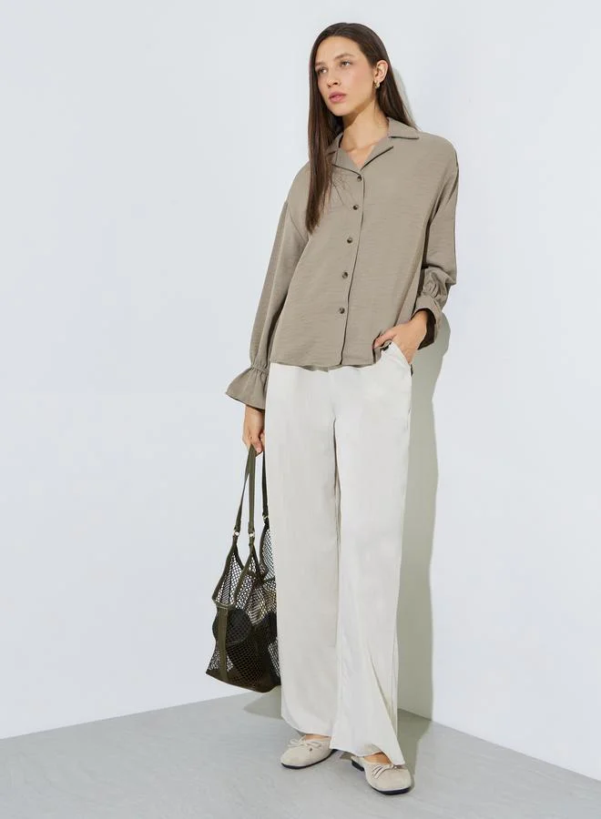 Styli Khaki Button-Down Shirt with Frill Cuffs