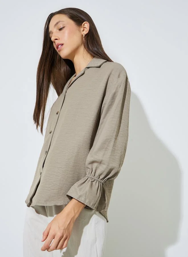 Styli Khaki Button-Down Shirt with Frill Cuffs