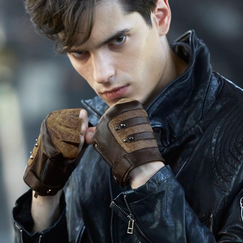FIORETTO Mens Fingerless Leather Gloves – Half Finger Punk Style Sheepskin for Driving & Motorcycle - Image 2