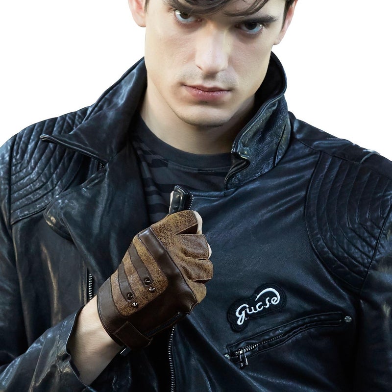 FIORETTO Mens Fingerless Leather Gloves – Half Finger Punk Style Sheepskin for Driving & Motorcycle - Image 1