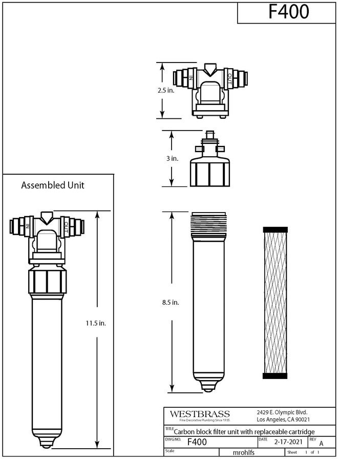 Westbrass F400 Under Sink In-Line Water Filter Unit and Cartridge for Instant Hot or Pure Water Dispenser Faucets - Image 2