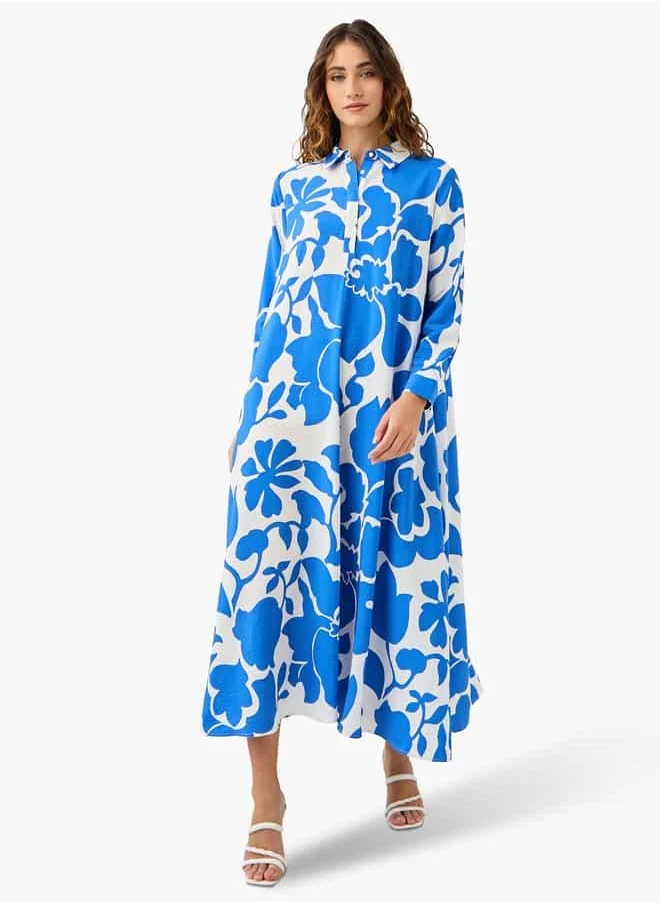 ايكونيك Iconic Floral Print Trapeze Midi Dress with Collar and Long Sleeves