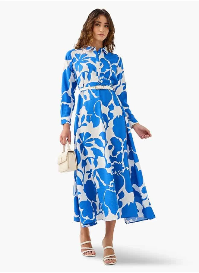 ايكونيك Iconic Floral Print Trapeze Midi Dress with Collar and Long Sleeves