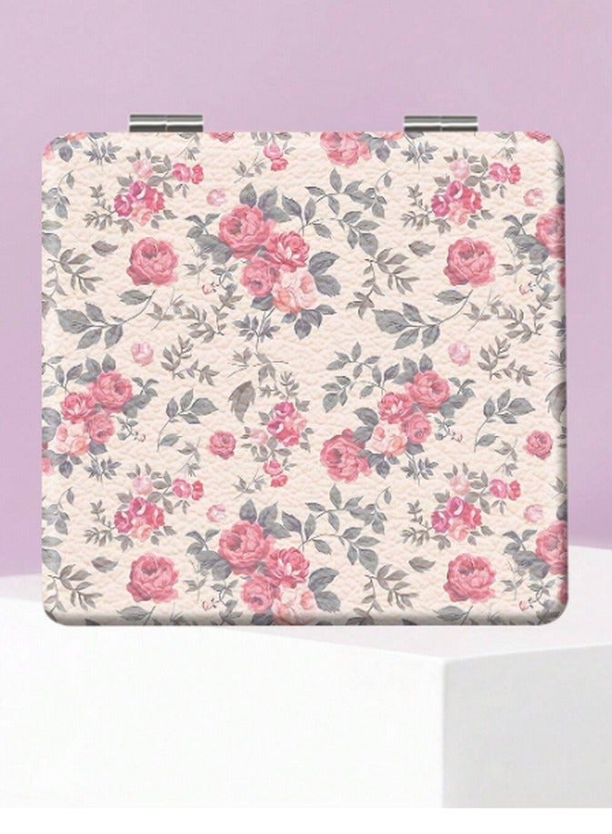 Generic Floral Makeup Mirror – Beige Compact Mirror with Pink Rose Design for Purse or Vanity - Image 1