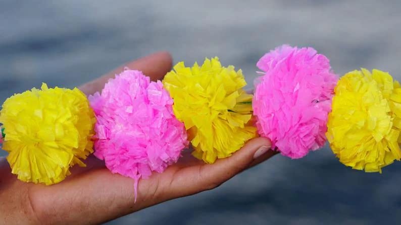 ABHAAS Artificial Marigold Garland Flowers for Decoration Long Toran Indian genda phool for Wedding & Festival |4-8 Feet Long |Pink+Yellow | 5 Strings - Image 5
