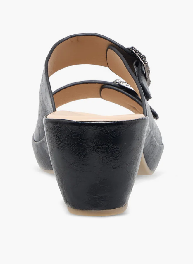 Le Confort Women's Textured Slip-On Comfort Sandals with Embellished Buckle Accent and Block Heels