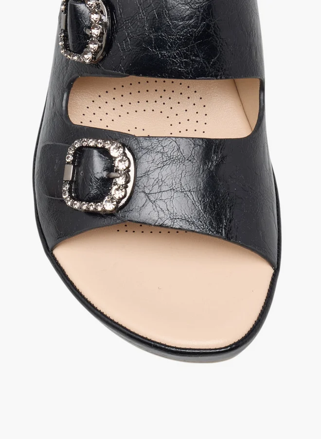 Le Confort Women's Textured Slip-On Comfort Sandals with Embellished Buckle Accent and Block Heels