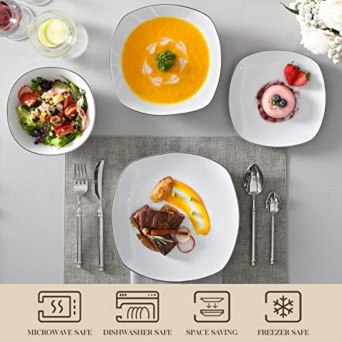 MALACASA Dinnerware Sets, 24 Piece Porcelain Square Dishes, White with Black Rim Plates and Bowls Sets, Ceramic Dish Set for 6, Chip Resistant Dishware Sets, Series ELISA - Image 4