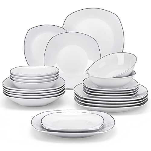MALACASA Dinnerware Sets, 24 Piece Porcelain Square Dishes, White with Black Rim Plates and Bowls Sets, Ceramic Dish Set for 6, Chip Resistant Dishware Sets, Series ELISA - Image 1