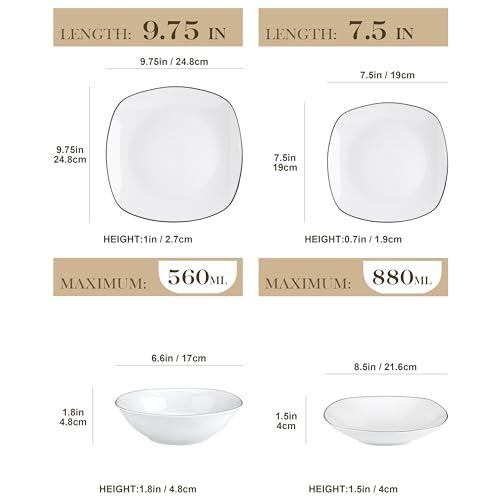 MALACASA Dinnerware Sets, 24 Piece Porcelain Square Dishes, White with Black Rim Plates and Bowls Sets, Ceramic Dish Set for 6, Chip Resistant Dishware Sets, Series ELISA - Image 2