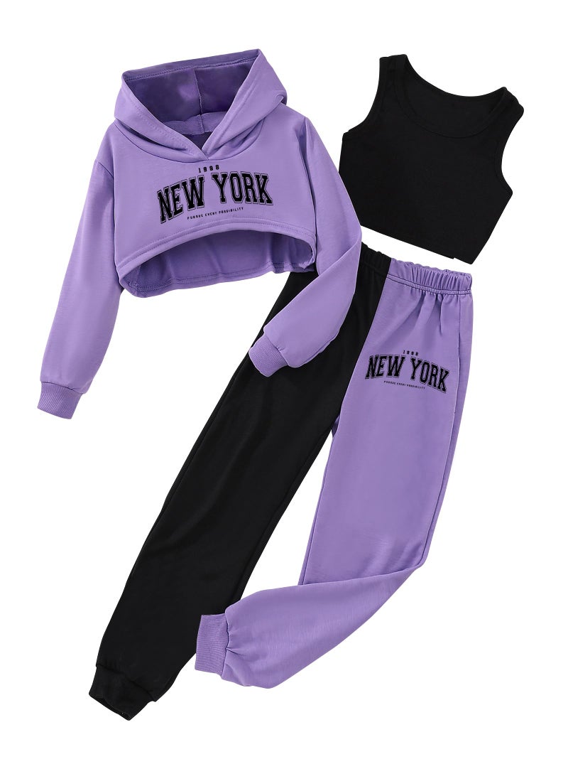 Hilinker Girls Graphic 3 Piece Outfits Workout Crop Hoodie Ribbed Tank and Sweatpants Set Purple New York 11-12 Year - Image 1