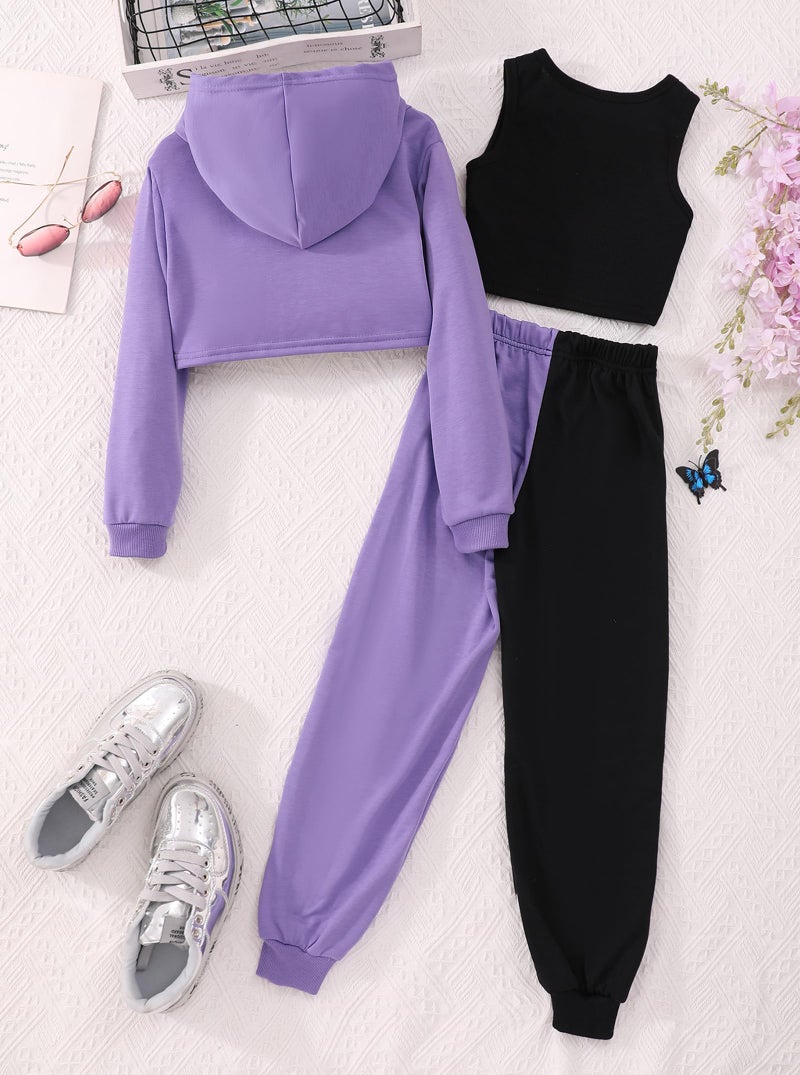 Hilinker Girls Graphic 3 Piece Outfits Workout Crop Hoodie Ribbed Tank and Sweatpants Set Purple New York 11-12 Year - Image 2