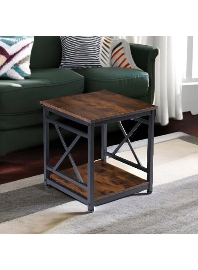 KSWIN Industrial End Table, 18 inch Square Side Table with Storage Shelf, Sturdy X-Design Metal Frame, for Living Room Bedroom, Rustic Brown… - Image 5