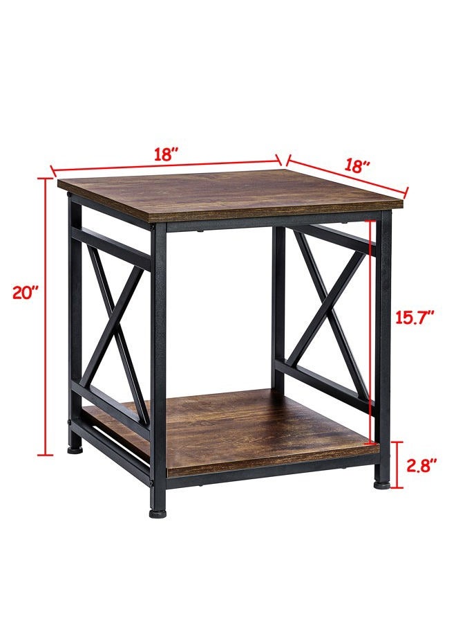 KSWIN Industrial End Table, 18 inch Square Side Table with Storage Shelf, Sturdy X-Design Metal Frame, for Living Room Bedroom, Rustic Brown… - Image 4