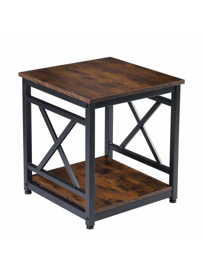 KSWIN Industrial End Table, 18 inch Square Side Table with Storage Shelf, Sturdy X-Design Metal Frame, for Living Room Bedroom, Rustic Brown… - Image 1