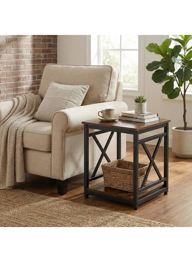 KSWIN Industrial End Table, 18 inch Square Side Table with Storage Shelf, Sturdy X-Design Metal Frame, for Living Room Bedroom, Rustic Brown… - Image 2