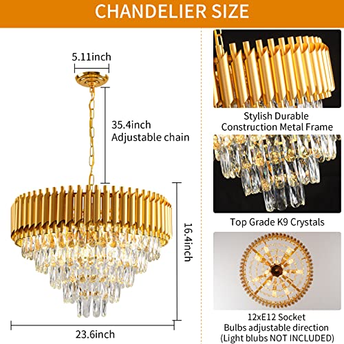 AKDXIRUN Modern Crystal Chandelier 12 Lights Gold Chandeliers for Dining Room Chandeliers Crystal Living Room Bedroom Foyer Hallway Luxury Chandelier Light Fixture with Light W24in - Image 4
