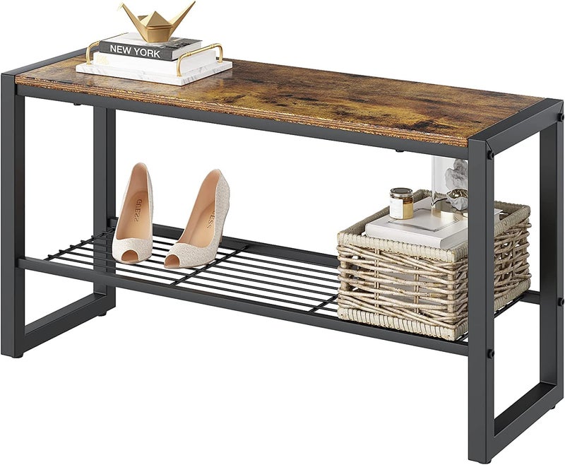 INDIAN DECOR INDIAN DECOR XL45420 Entryway Bench Shoe Bench Rack with Mesh Shelf 354 Long Storage Bench with Heavy Metal FrameShoe Storage Organizer Rack for Hallway Living Room Bedroom Rustic Brown 