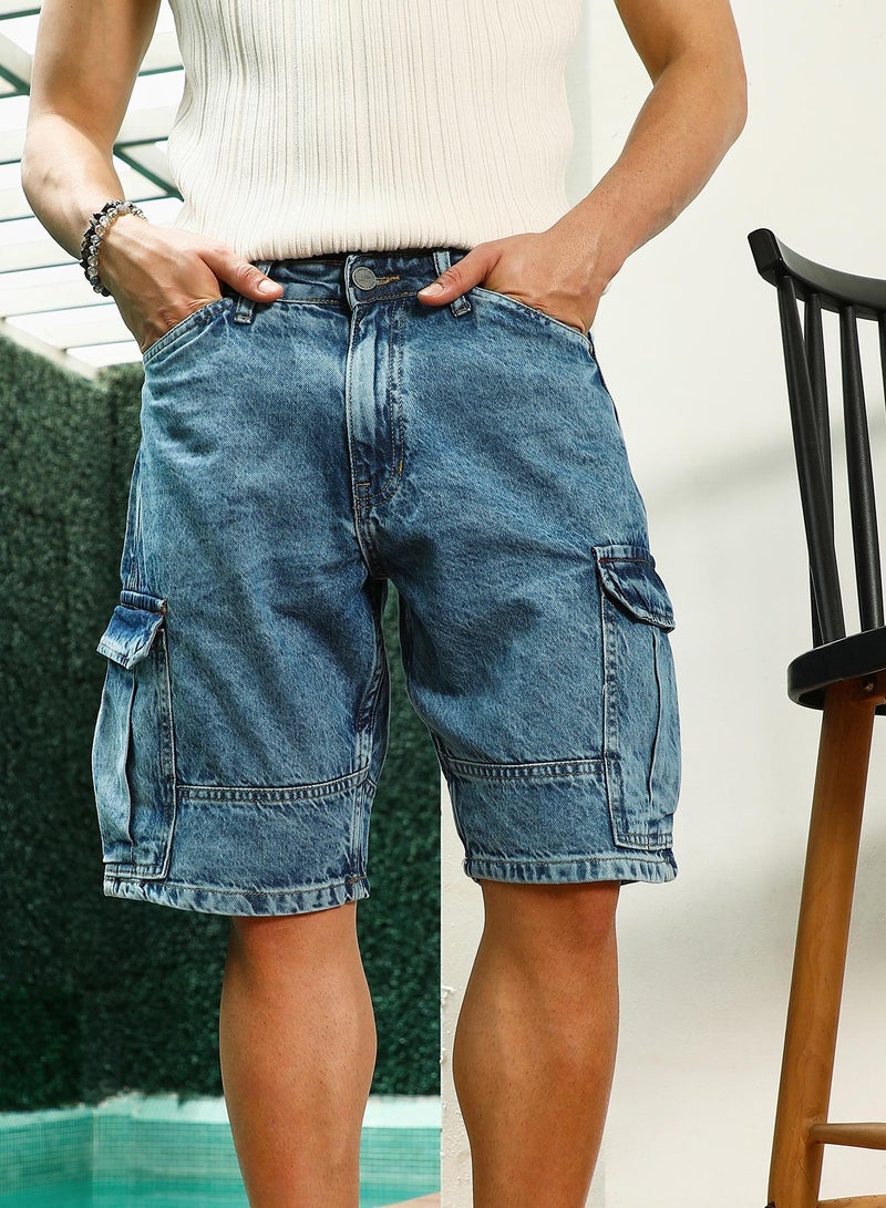 Campus Sutra Men's Distressed Cargo Denim Shorts - Image 1