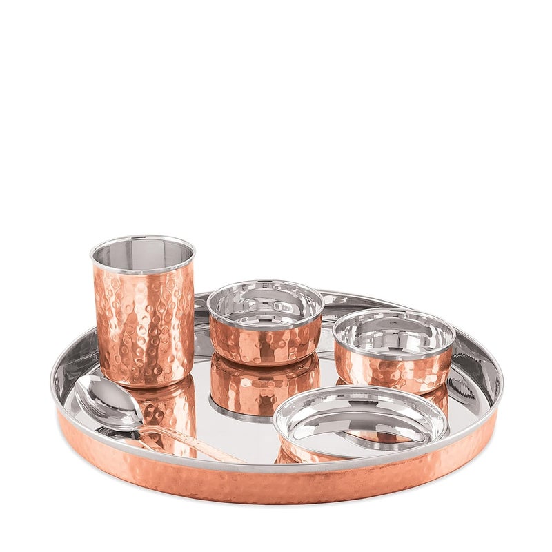 ATTRO Attro Royal Stainless Steel Copper Costeel Traditional Hammered Finish Bhojan SetThali Set 6 Pieces ATTRO_ROYALCOSTL_BHJ_Set  - Image 1