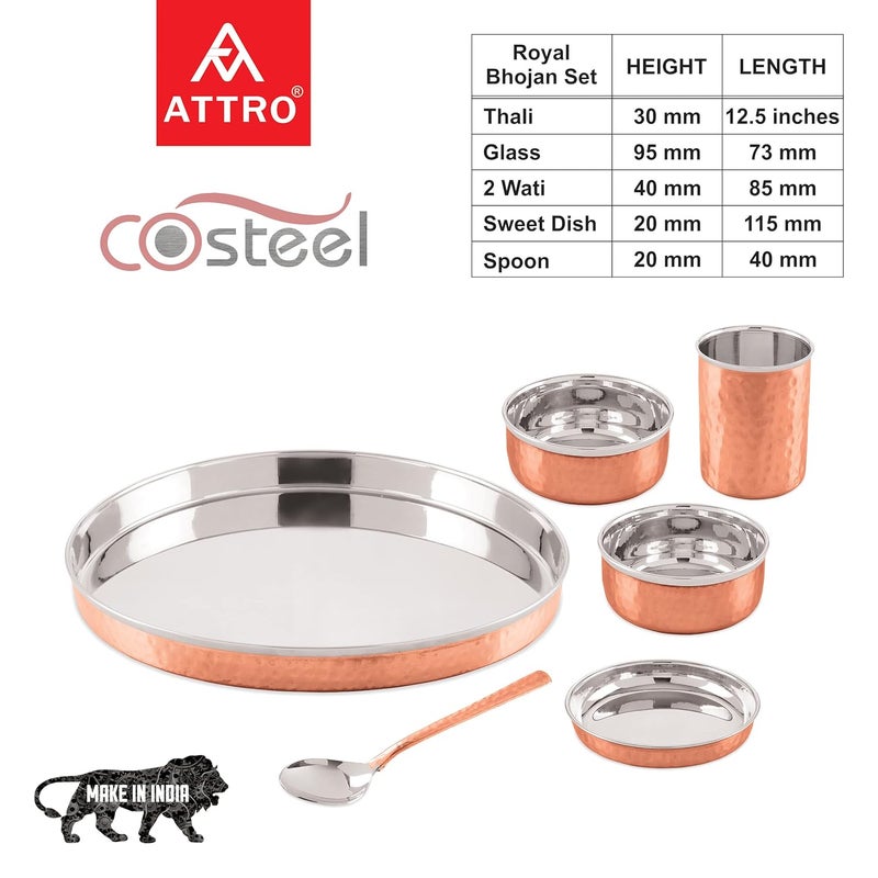ATTRO Attro Royal Stainless Steel Copper Costeel Traditional Hammered Finish Bhojan SetThali Set 6 Pieces ATTRO_ROYALCOSTL_BHJ_Set  - Image 5
