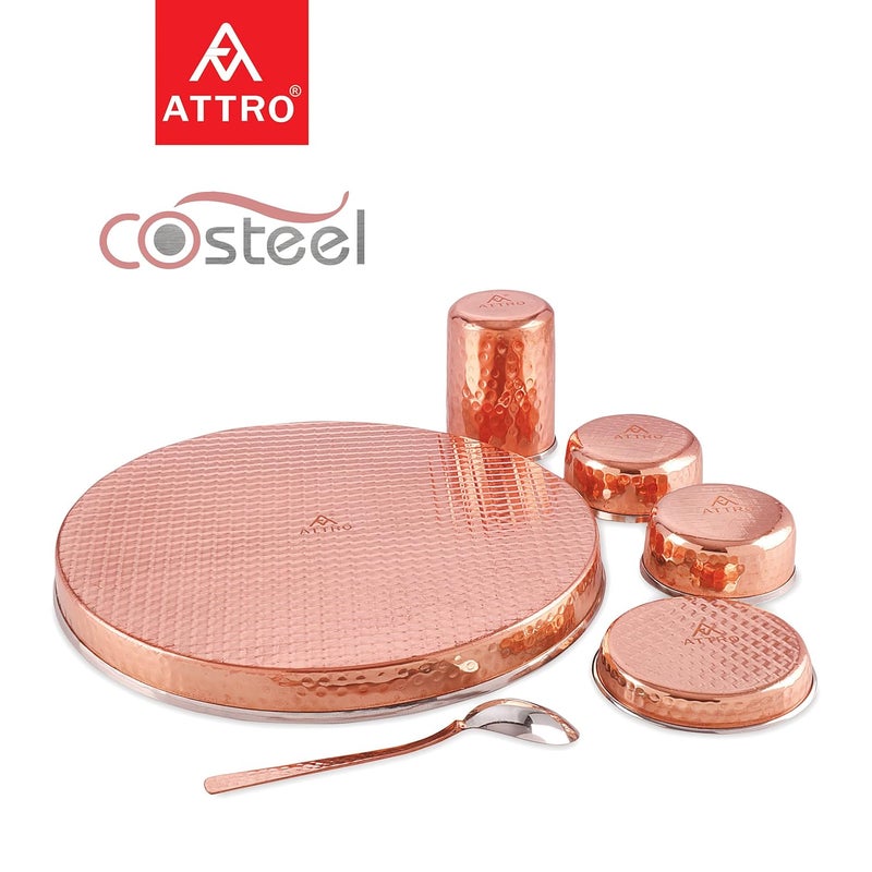 ATTRO Attro Royal Stainless Steel Copper Costeel Traditional Hammered Finish Bhojan SetThali Set 6 Pieces ATTRO_ROYALCOSTL_BHJ_Set  - Image 2