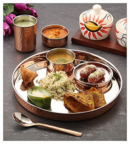 ATTRO Attro Royal Stainless Steel Copper Costeel Traditional Hammered Finish Bhojan SetThali Set 6 Pieces ATTRO_ROYALCOSTL_BHJ_Set  - Image 3