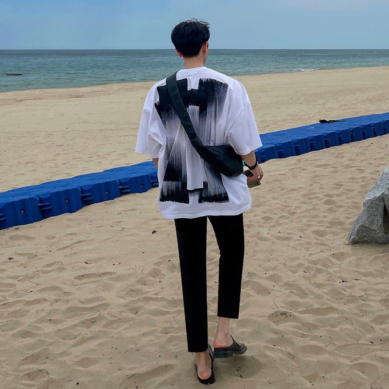 [Big Sale] Short-Sleeved T-Shirt Men'S Ins Trendy Korean Style Summer Loose Niche Design Graffiti Printed Half-Sleeve Top - Image 4