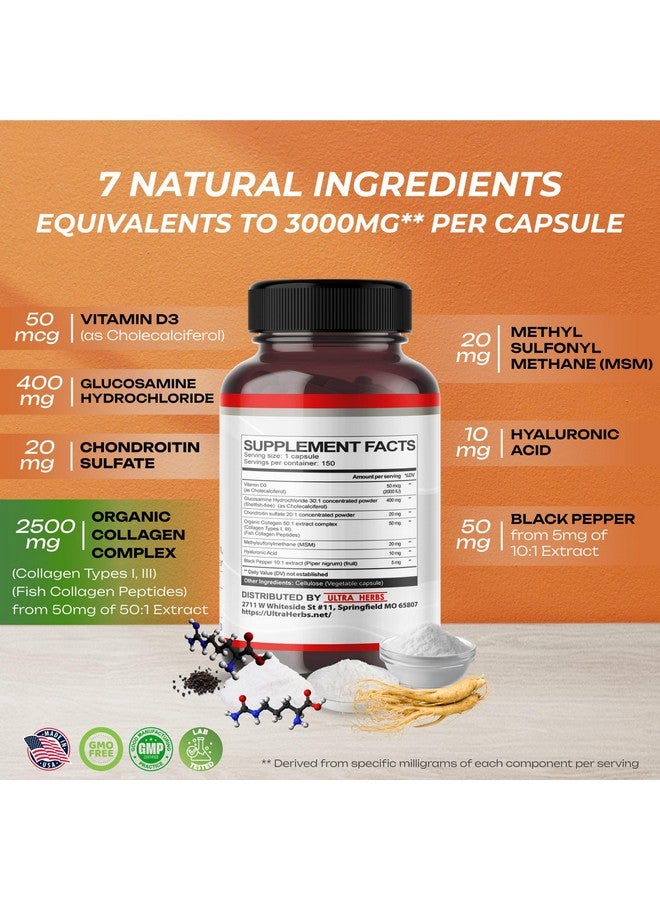ULTRA HERBS Glucosamine Chondroitin MSM - Joint Mobility Support Supplement Enhanced with Collagen, Hyaluronic Acid, Vitamin D3 | 150 Capsules - Image 3